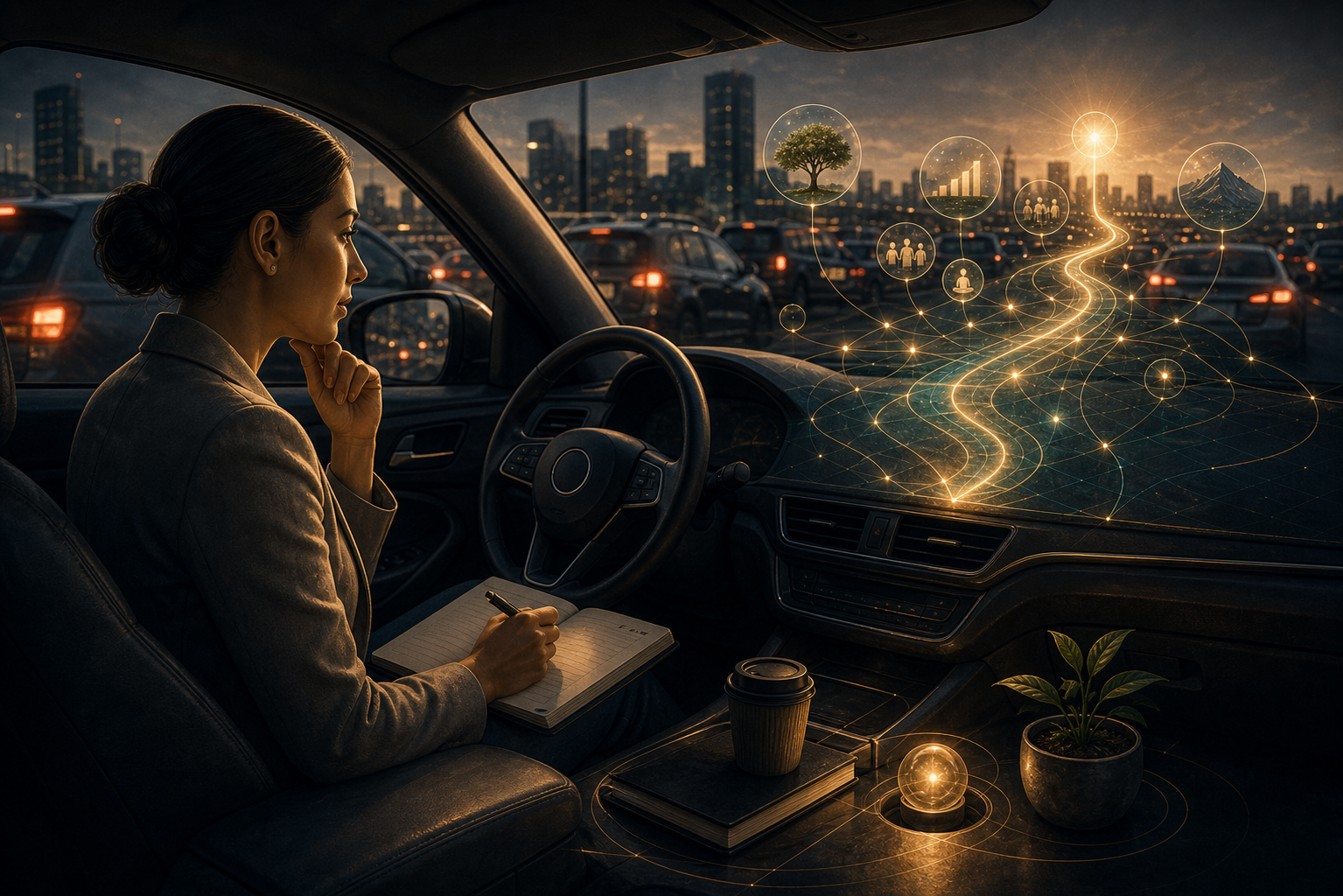 A commute transformed into quiet planning time with future pathways and priorities forming ahead.