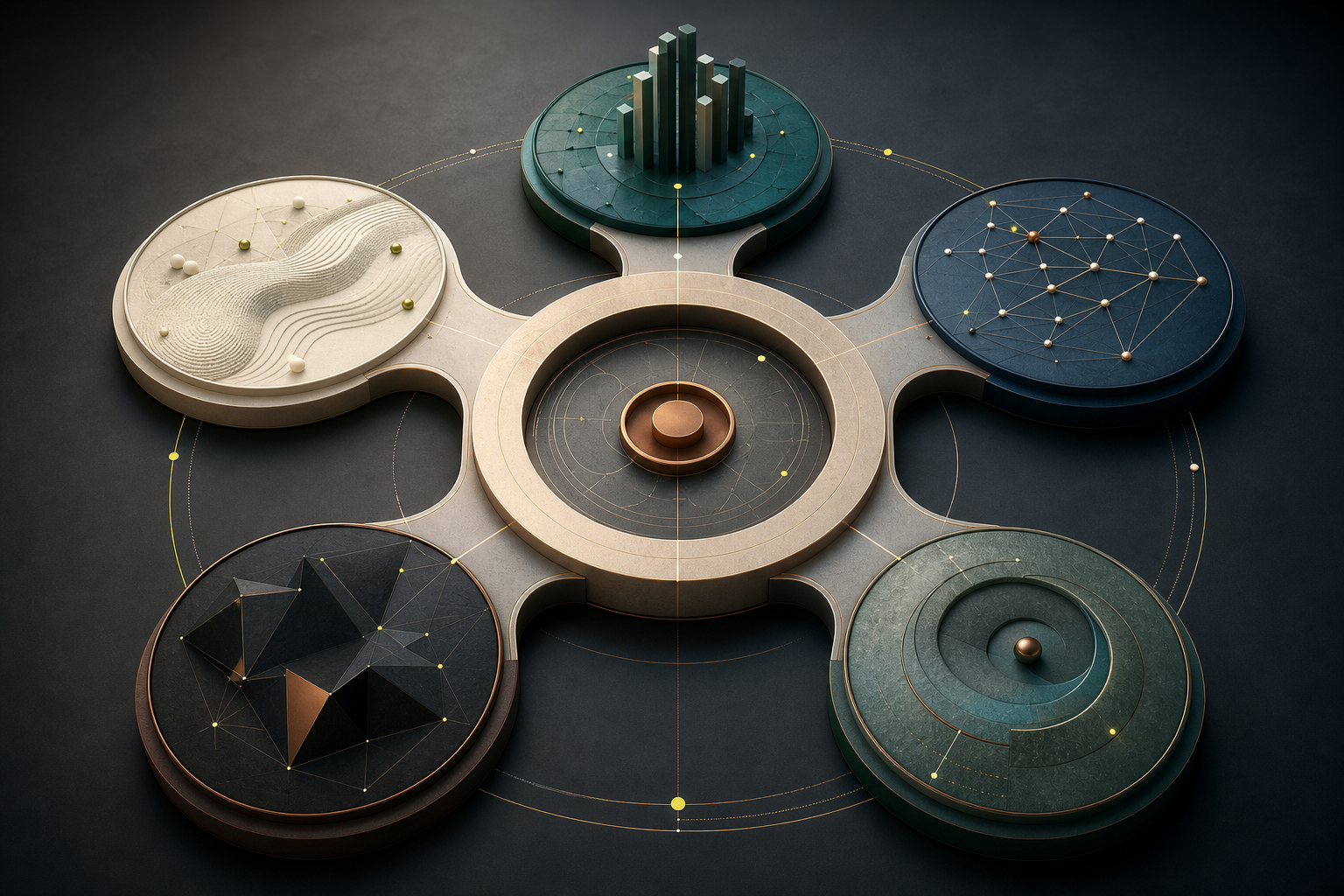Five connected capability zones around a central decision space representing a structured management framework.