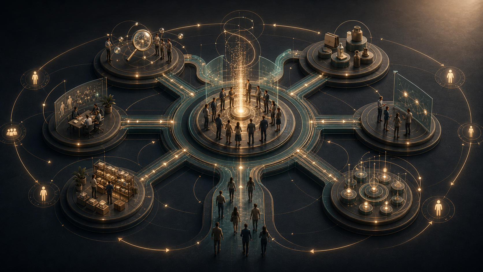 Marketing action system connecting customer insight, offer design, channels, feedback, and response loops.