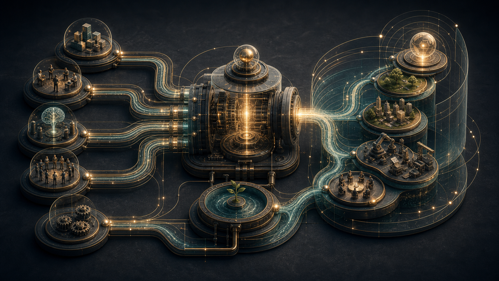 Economic value engine transforming capital, work, capability, customers, and reinvestment into durable value.