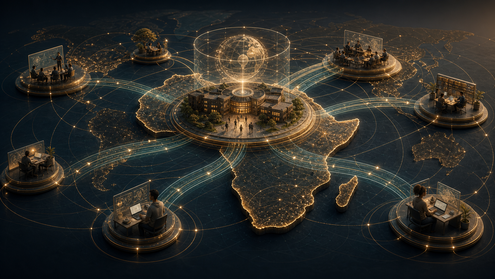 African learning hub with digital knowledge pathways extending to international learners and partners.