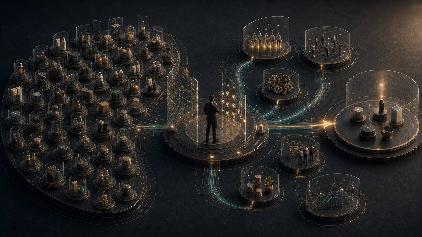 Product portfolio system narrowing many options into focused pathways for clarity, complexity, and margin discipline.