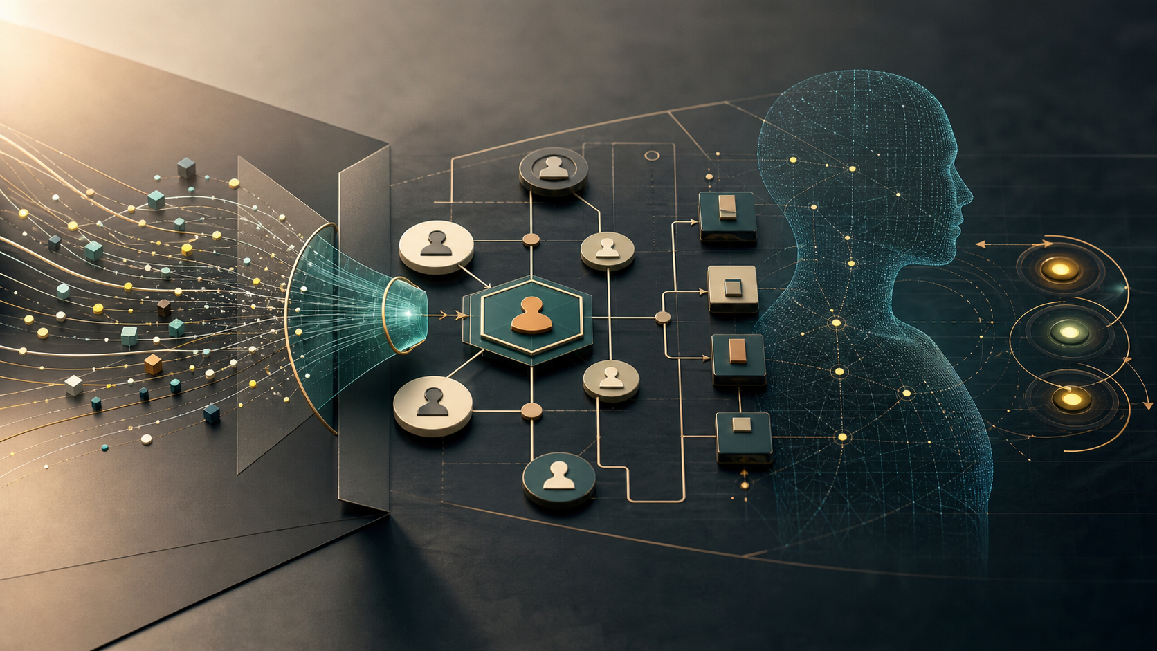 Abstract decision architecture connecting data signals to owner nodes, escalation paths, and feedback loops.
