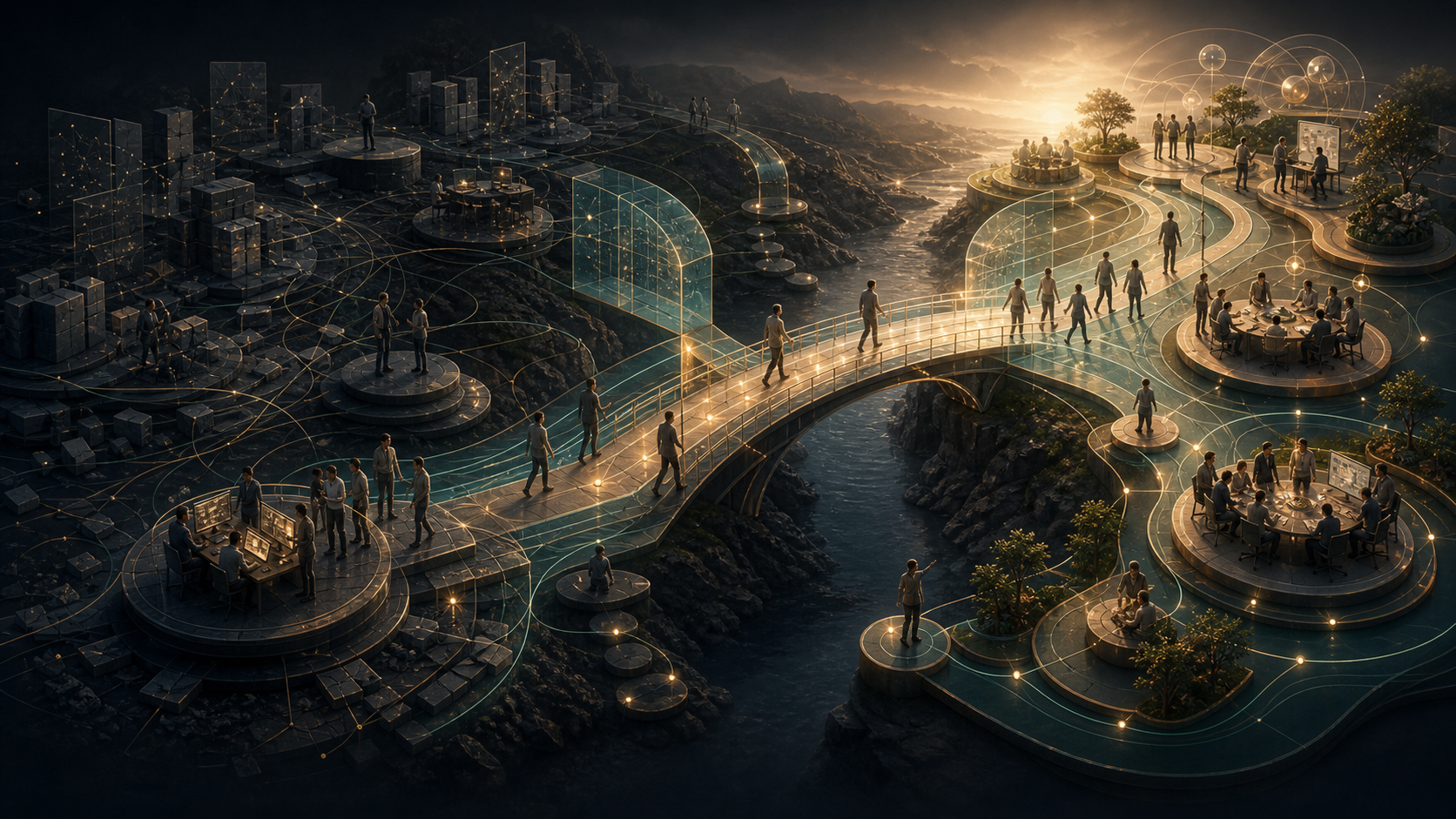 Managed transformation bridge linking current-state systems, adoption pathways, and future operating rhythm.