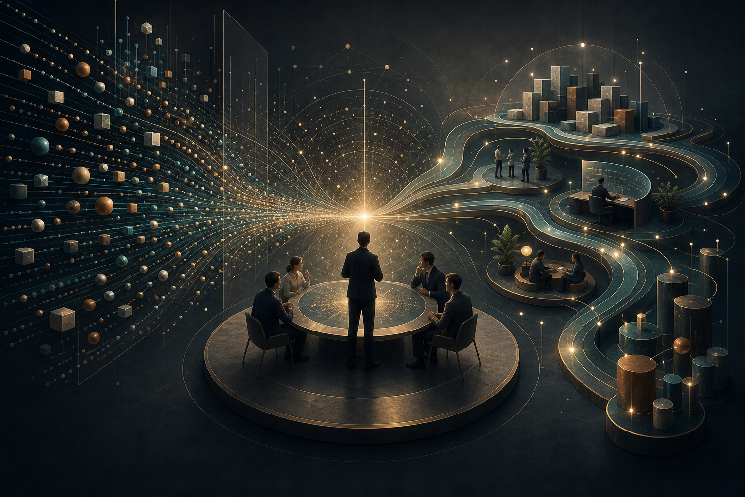 Large data flows converging with leadership judgement in a clear management decision space.