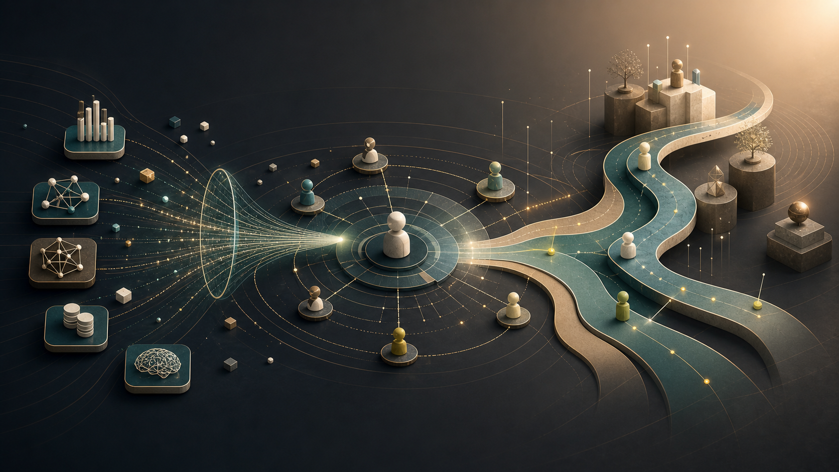 Abstract skills map connecting intelligent tools, human judgement, and adaptive career pathways.