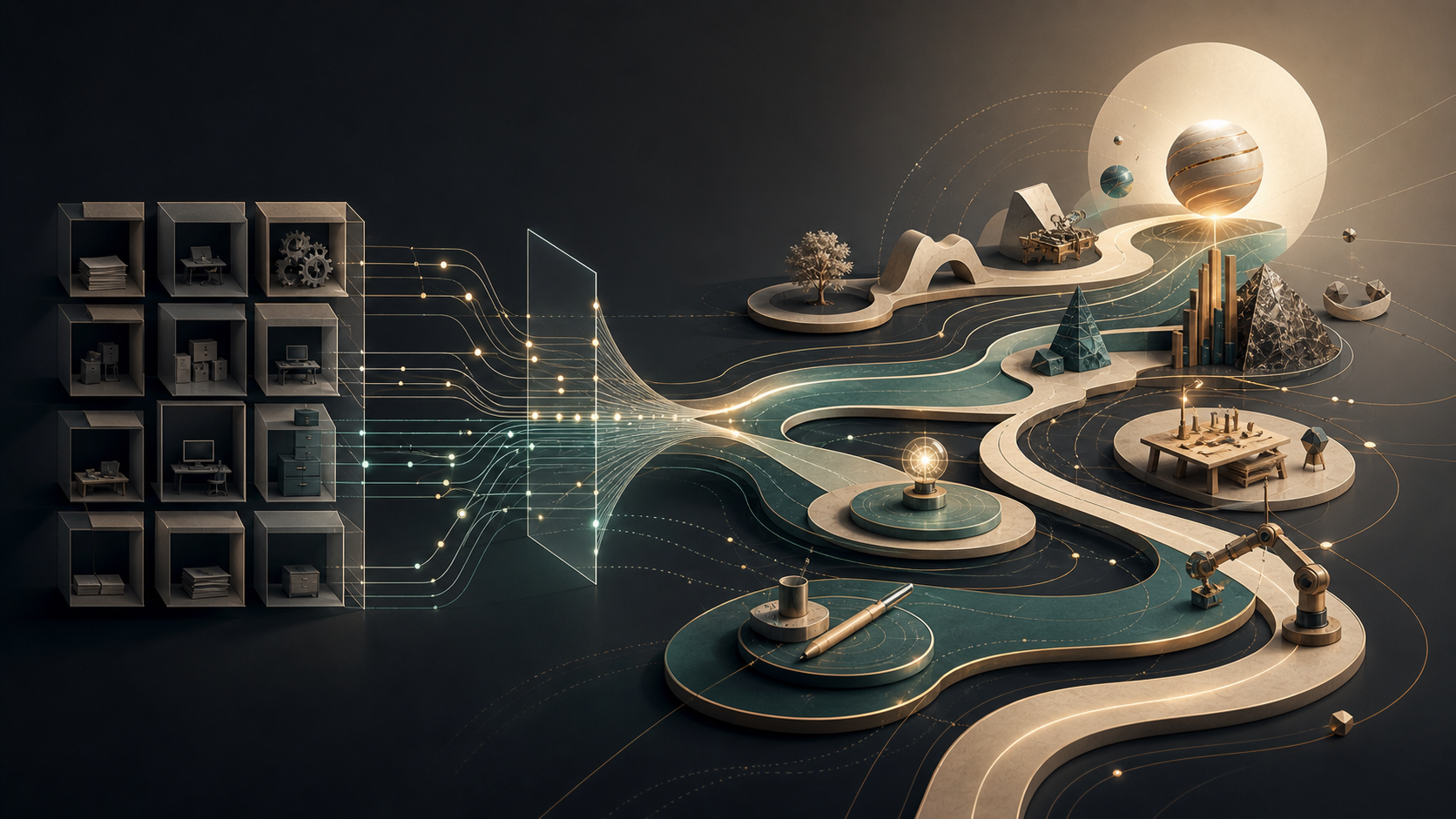 Abstract career pathways shaped by creativity, technology, craftsmanship, and human judgement.