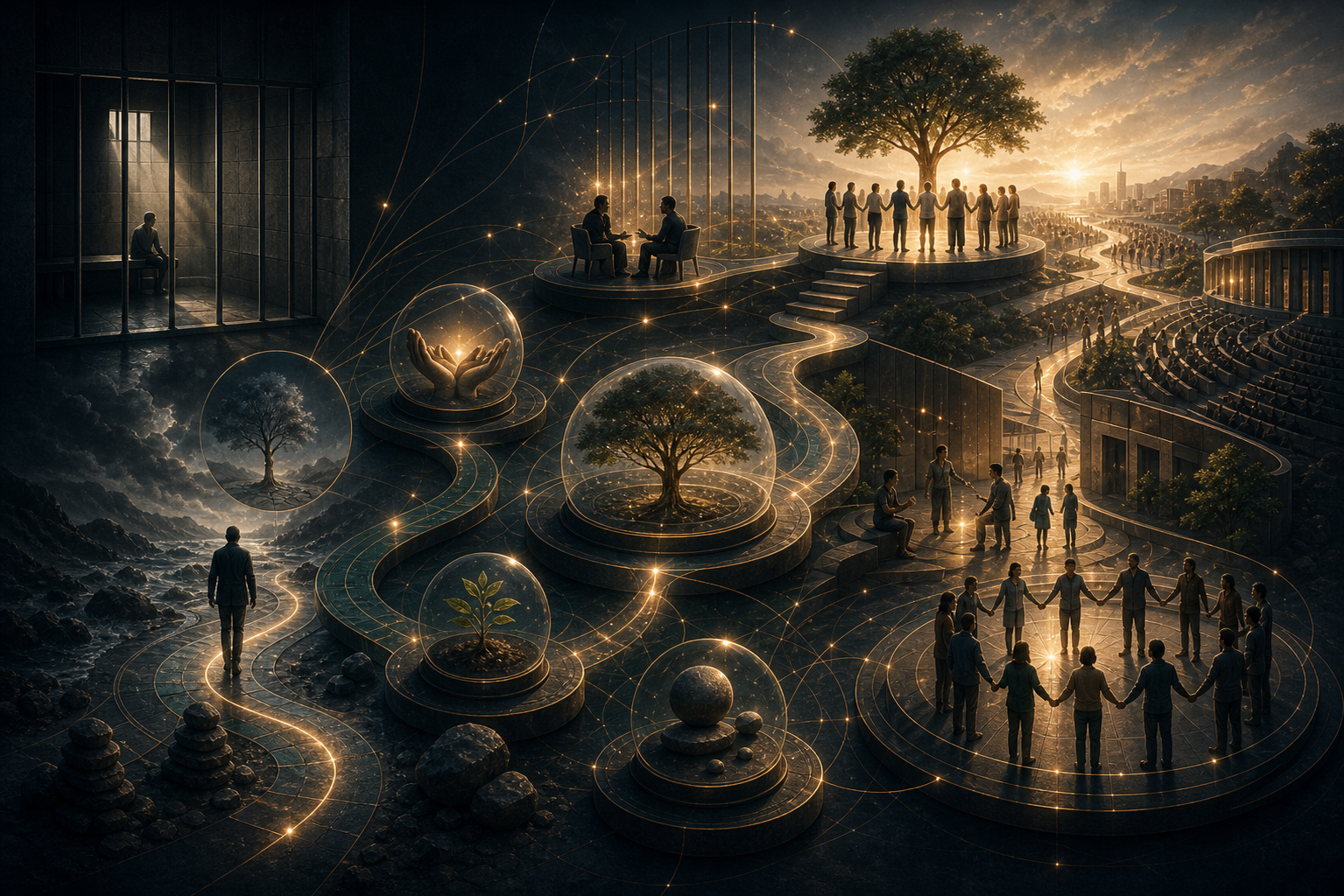 A symbolic path from confinement-like shadow into civic light representing courage, reconciliation, and service.