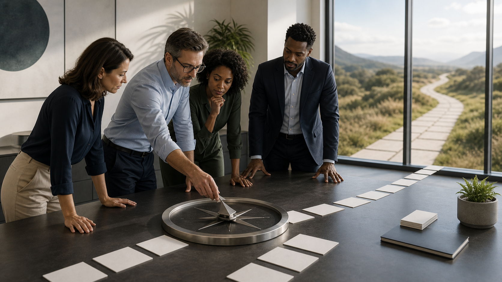 A leadership team realigning a direction marker toward a clear path, representing sustained change.