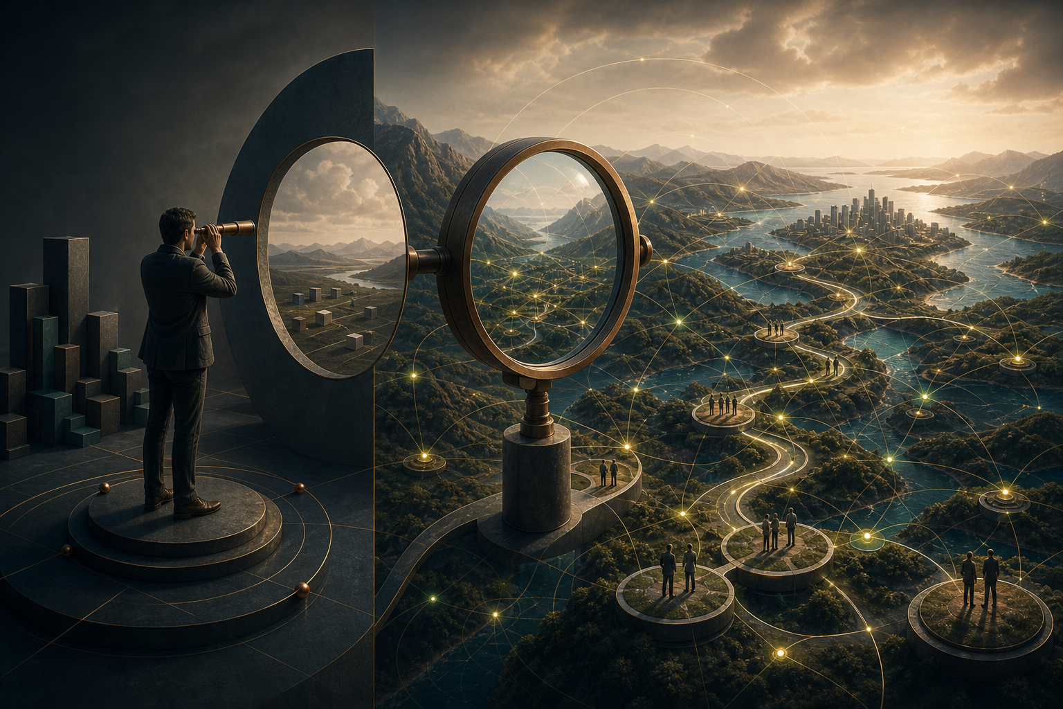 A business landscape viewed through strategic frames revealing new growth pathways.