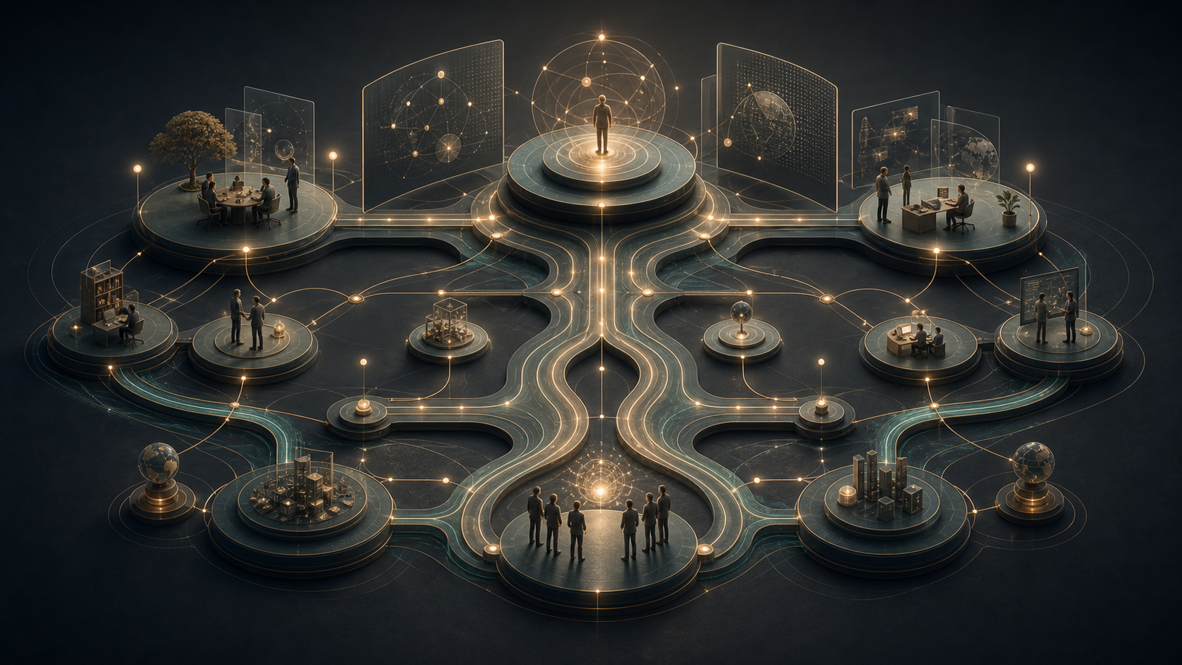 Abstract capability map connecting competence domains, practical skill pathways, and work-ready outcomes.
