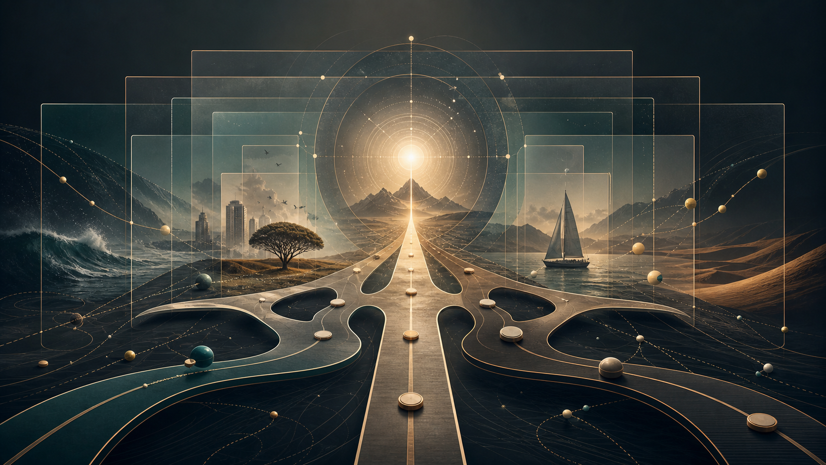 Layered context frames, a purpose signal, and branching choices becoming coherent.