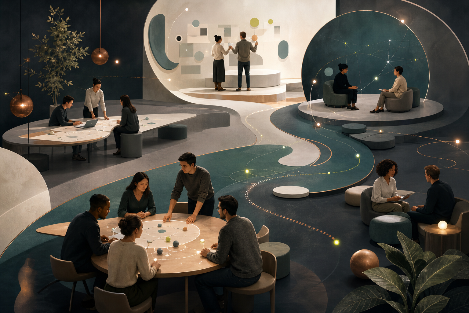 A new team gathered in a shared learning environment with open pathways and feedback signals.