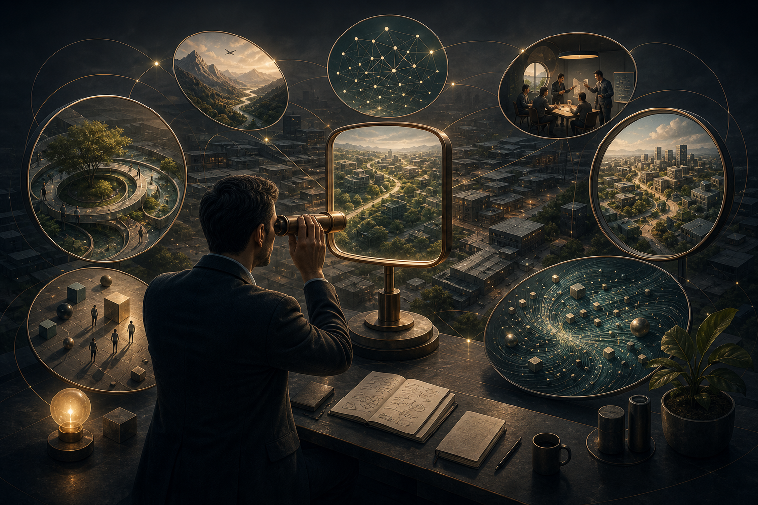 A professional viewing a business landscape through shifting frames that reveal new possibilities.