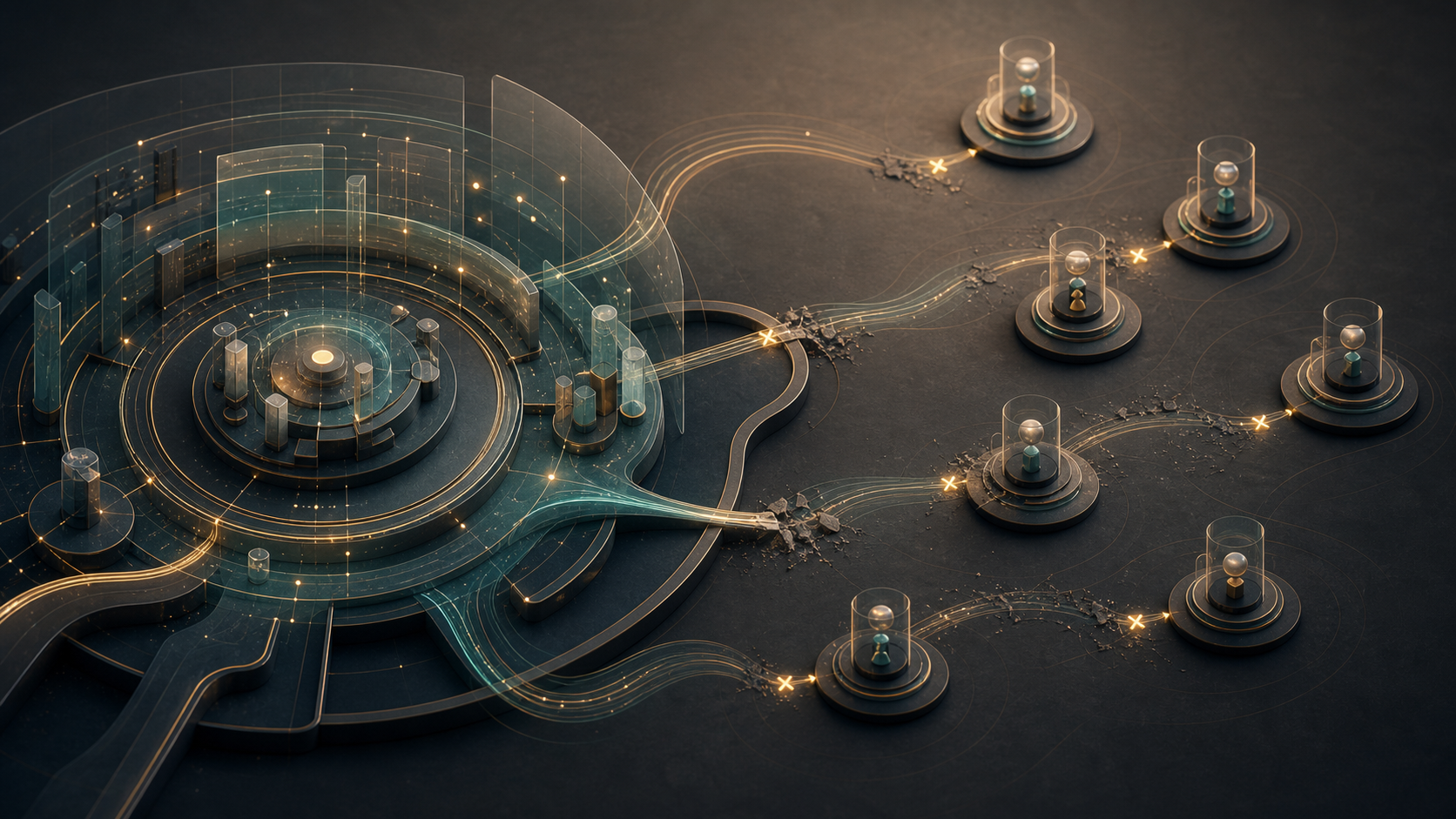 Abstract organization map showing individual target nodes separated from a larger performance system.