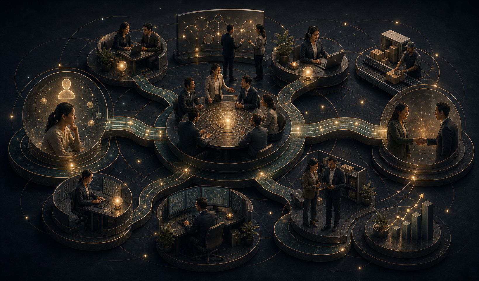Customer needs, frontline action, operational support, and feedback loops connected in a reliable service system.