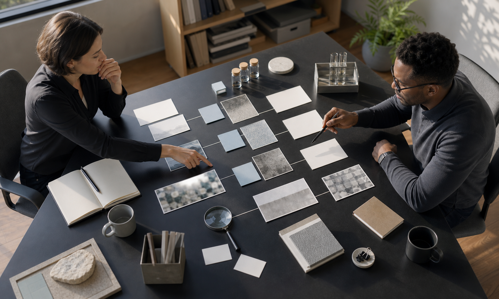 Two professionals sorting research evidence into a clear pattern for practical decision-making.