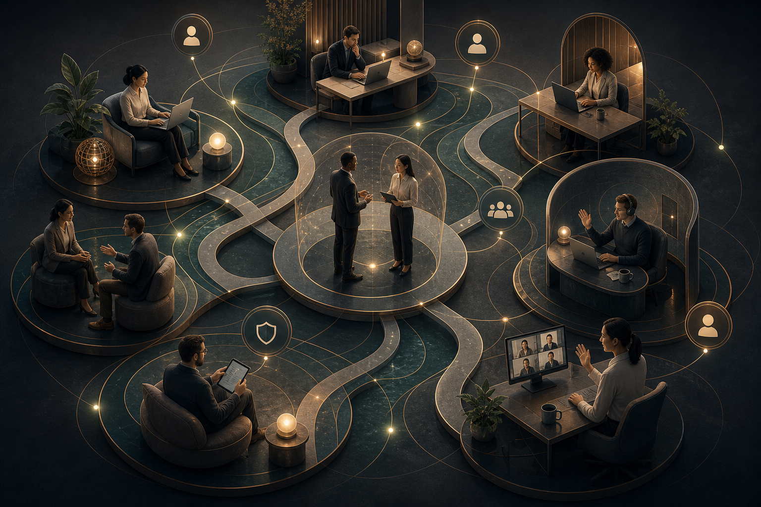 Professionals connected through respectful digital communication pathways in a modern workplace network.