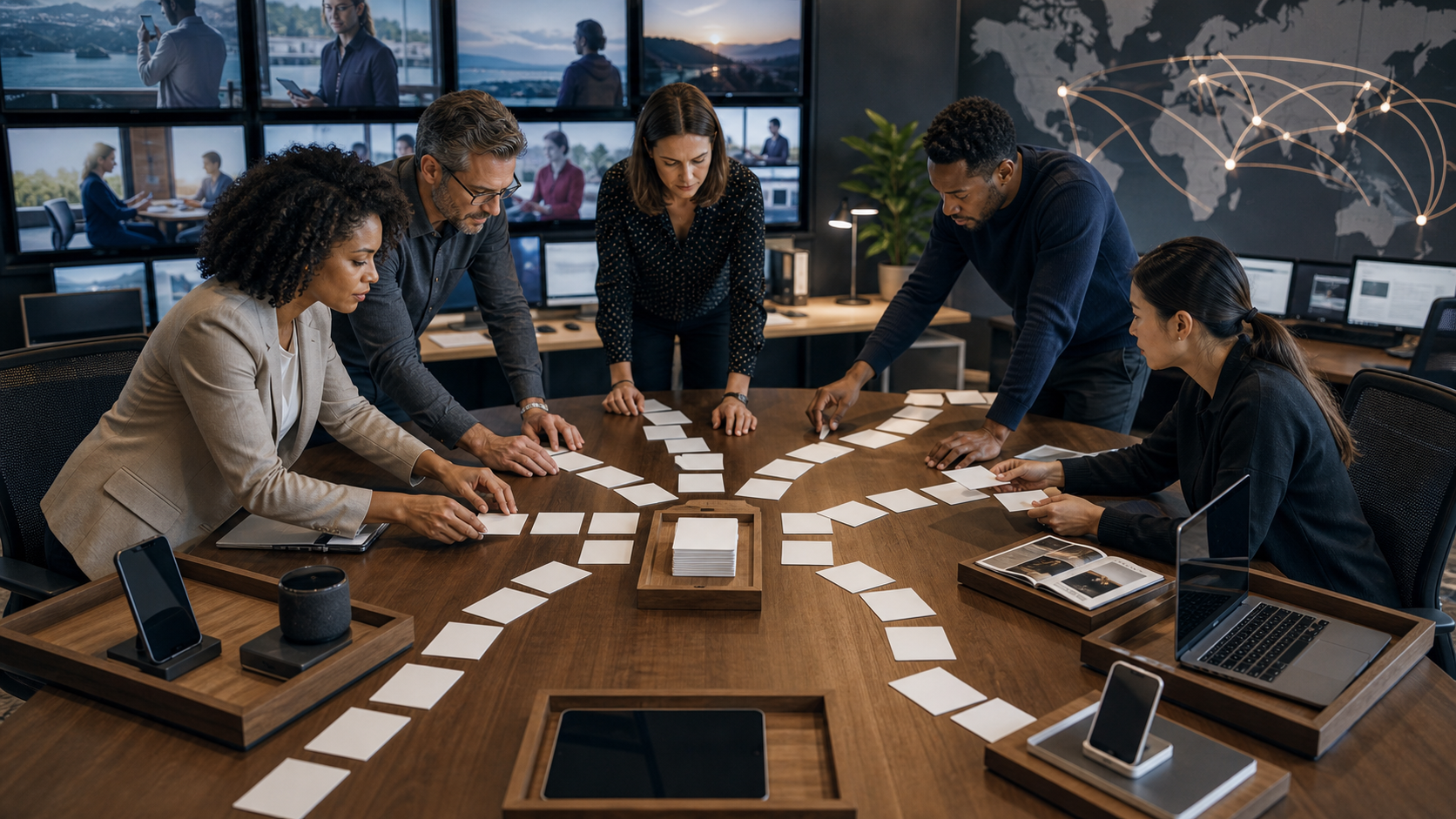 A team arranging blank content pieces across multiple delivery paths, emphasizing distribution strategy.