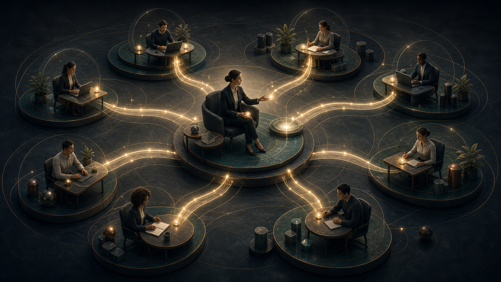 Responsibility moving from central overload to distributed team capability through clear delegation pathways.