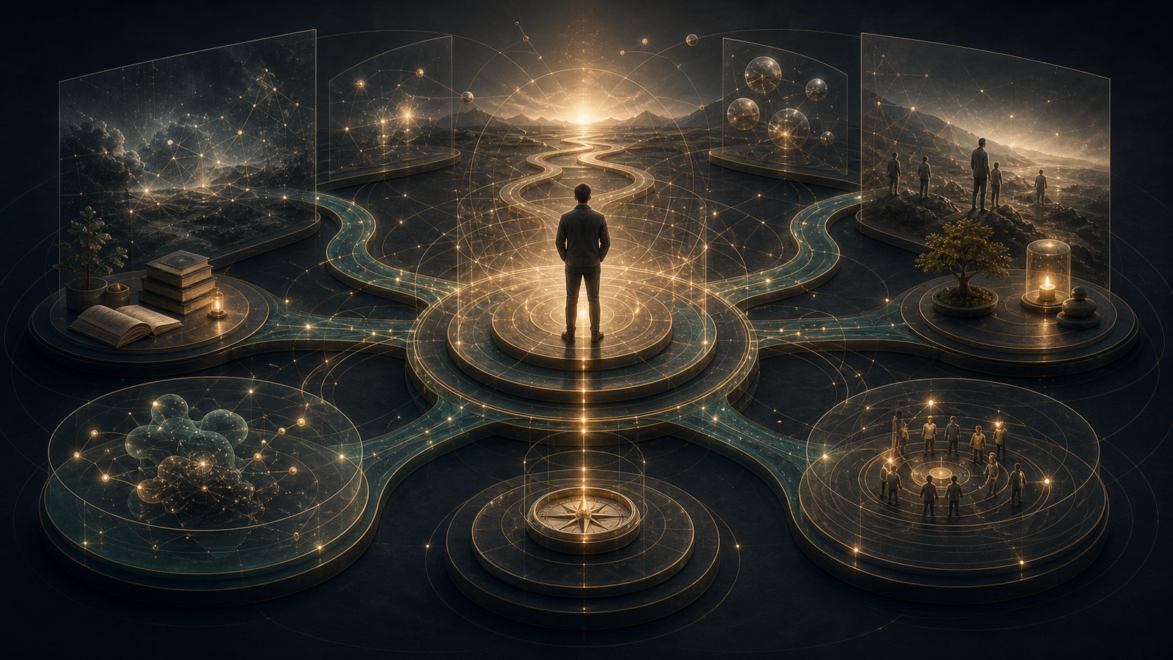 Human judgement platform surrounded by uncertainty, evidence, intuition, responsibility, and decision energy.