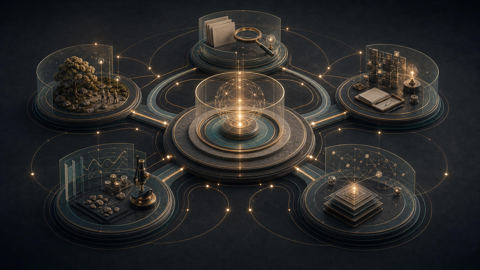 Five connected research disciplines arranged around a central verification platform.