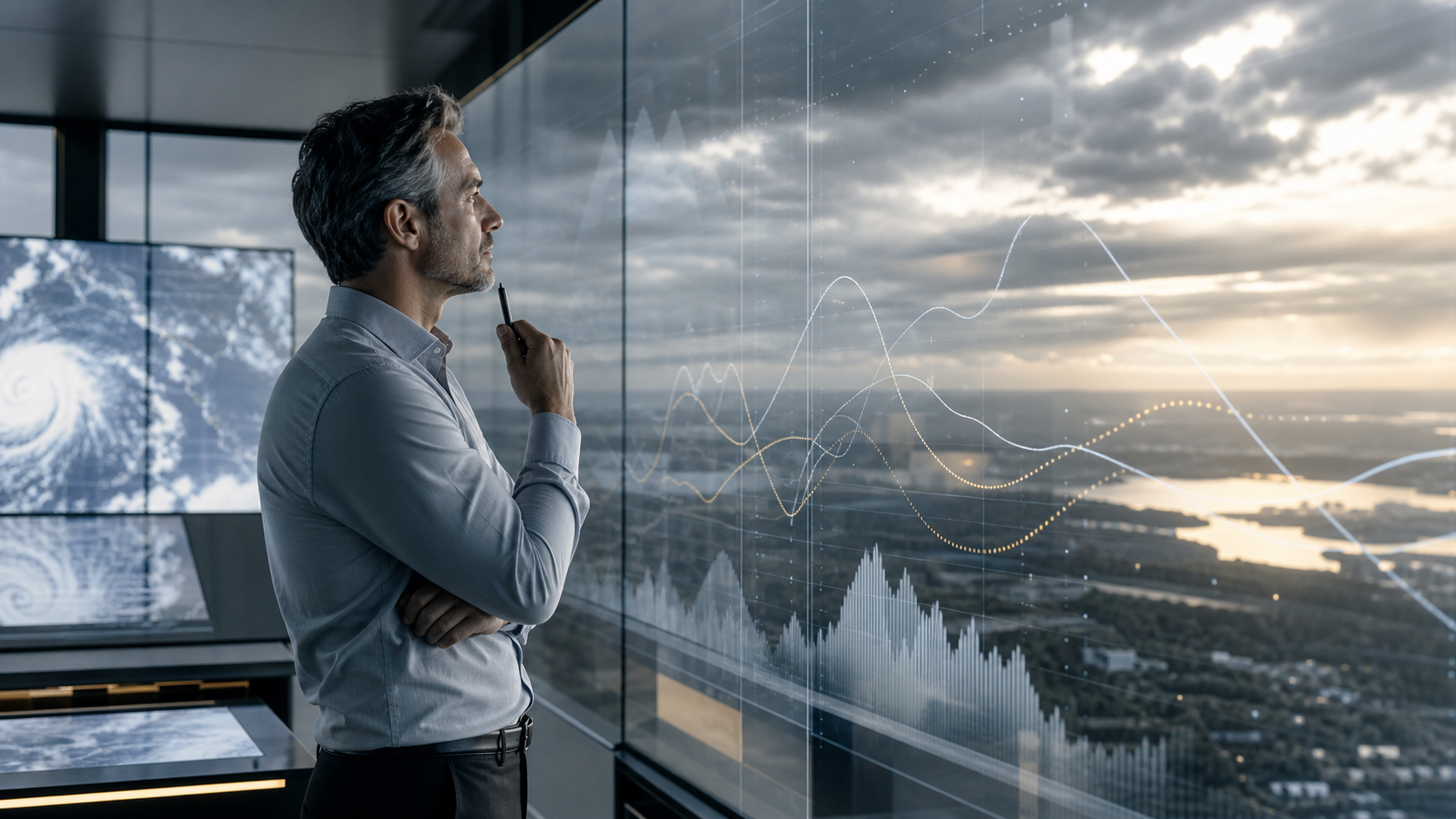 A leader studying abstract future patterns against a cloudy horizon, representing disciplined forecasting.