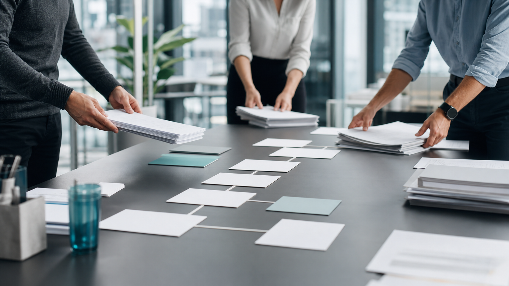 A team clearing paperwork into a simpler process, showing practical freedom from bureaucracy.