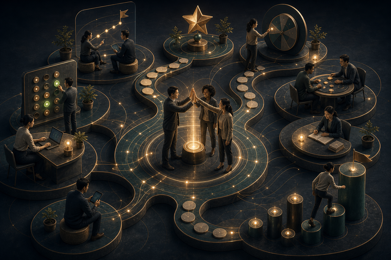 Professional work and learning systems using game-like progress cues and motivation mechanics.