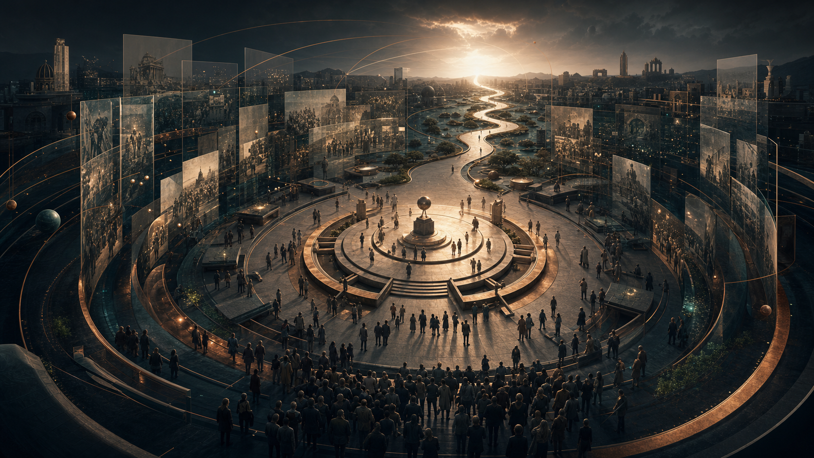 Civic square surrounded by repeating historical narrative layers and an emerging future path.