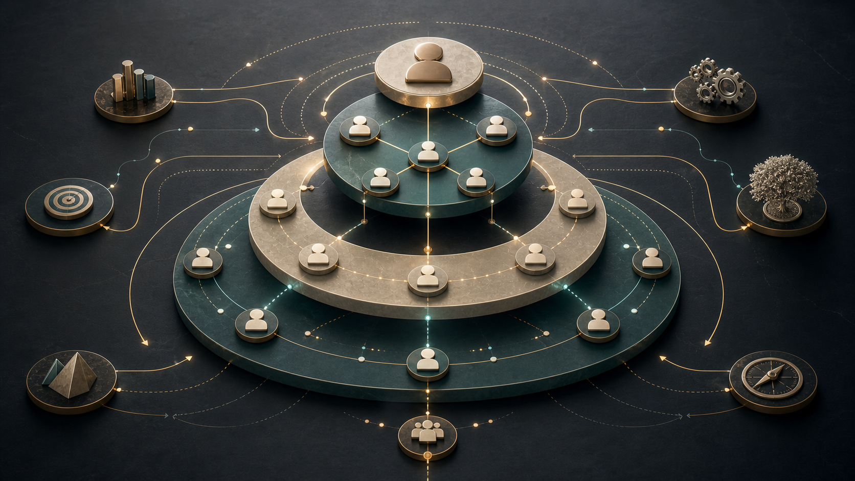 Nested management accountability layers connected by decision rights and feedback loops.