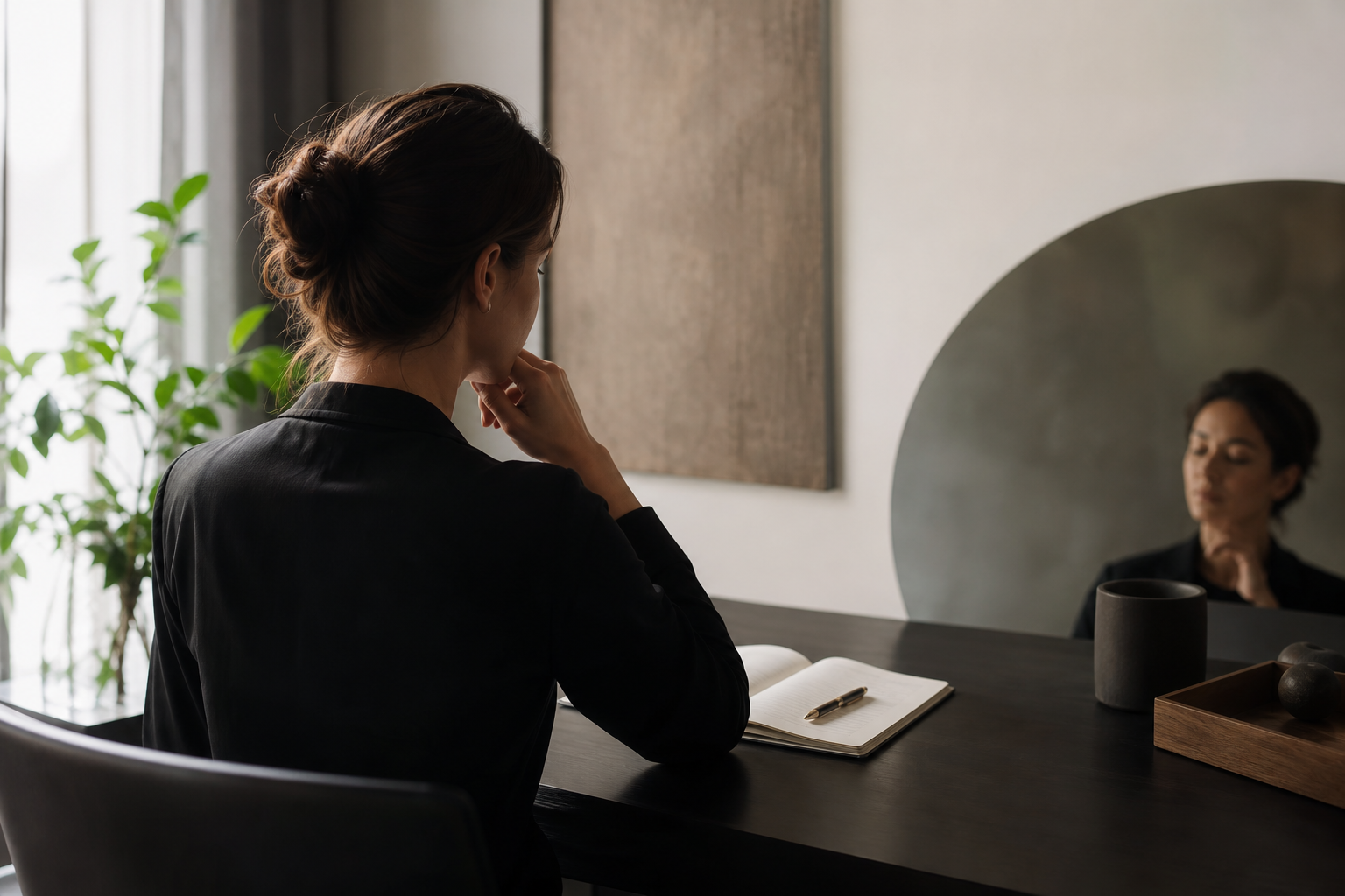 A reflective professional considering personal identity and direction through a quiet mirror-like workspace scene.