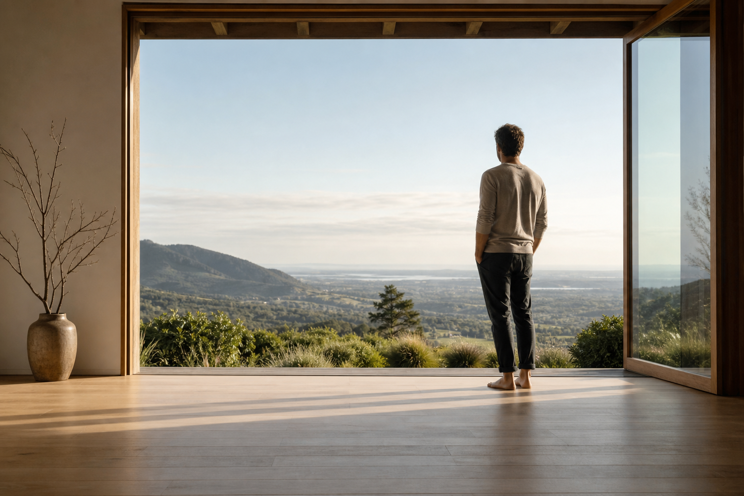 A person looking through an open doorway toward a wide horizon, symbolizing inner freedom and autonomy.