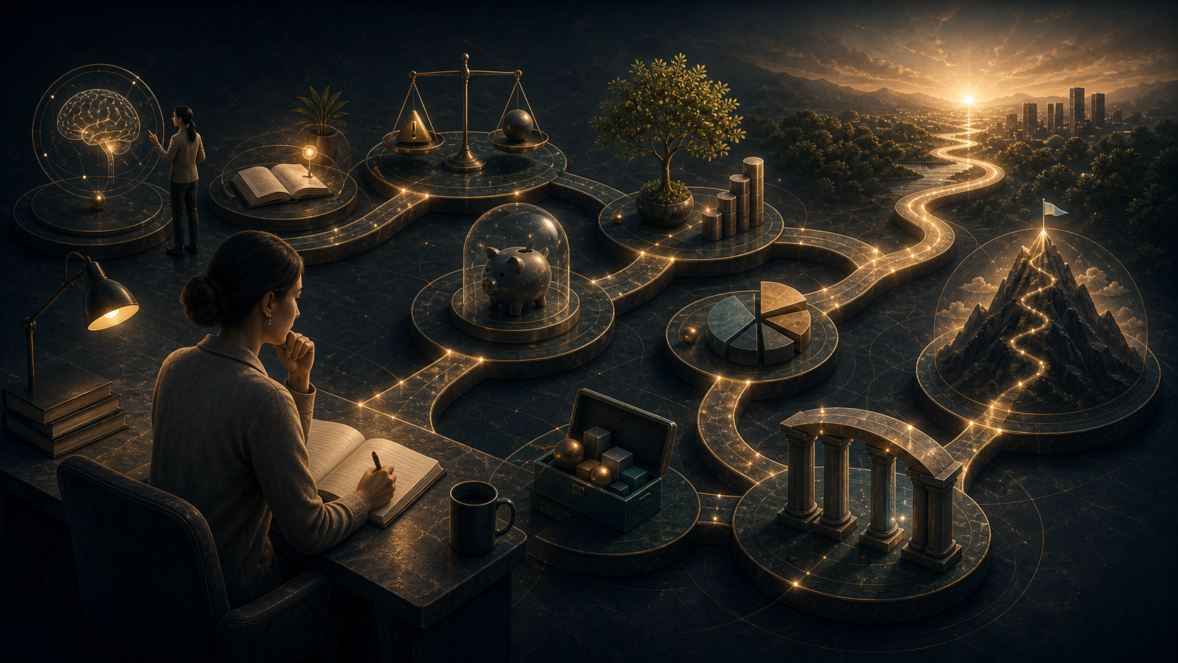 Financial knowledge shown as a disciplined learning path toward prudent long-term decisions.