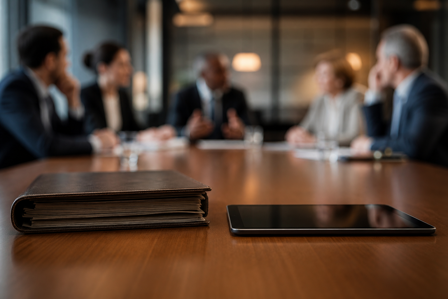 A closed policy binder beside a blank tablet during a boardroom discussion about adaptive governance.