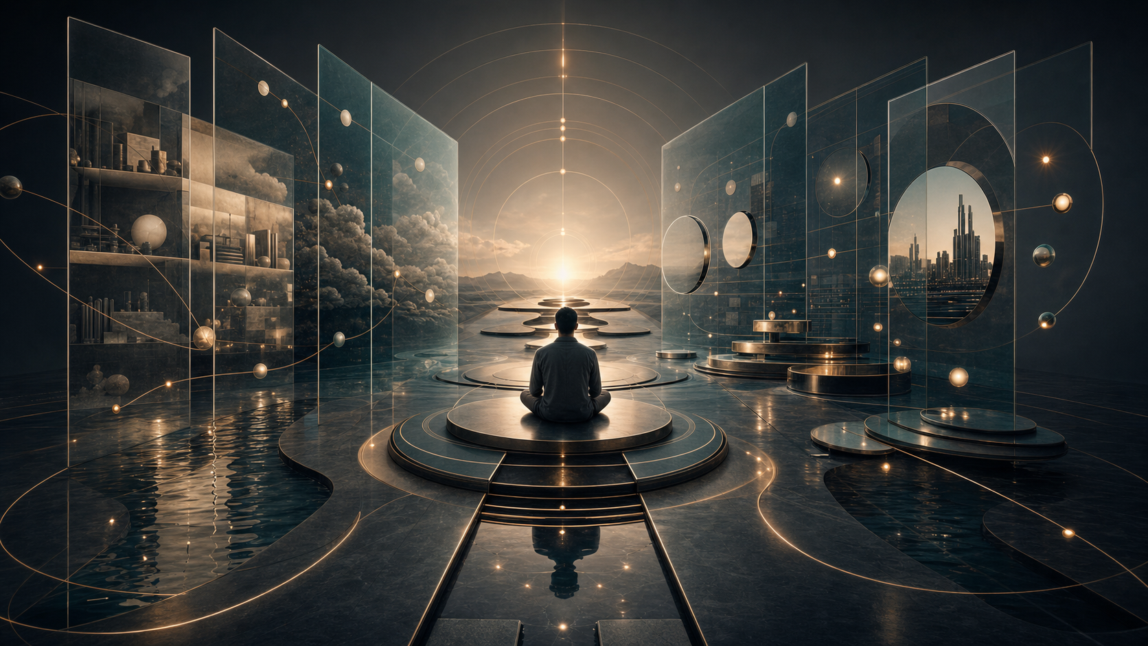 Reflective management chamber with symbolic pathways, mirrors, and layered decision spaces.