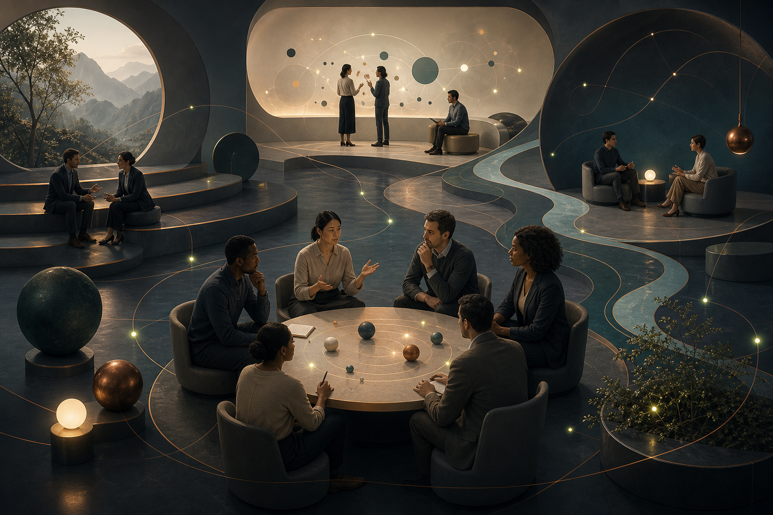 A reflective leadership group building decisions together in an open thinking environment.