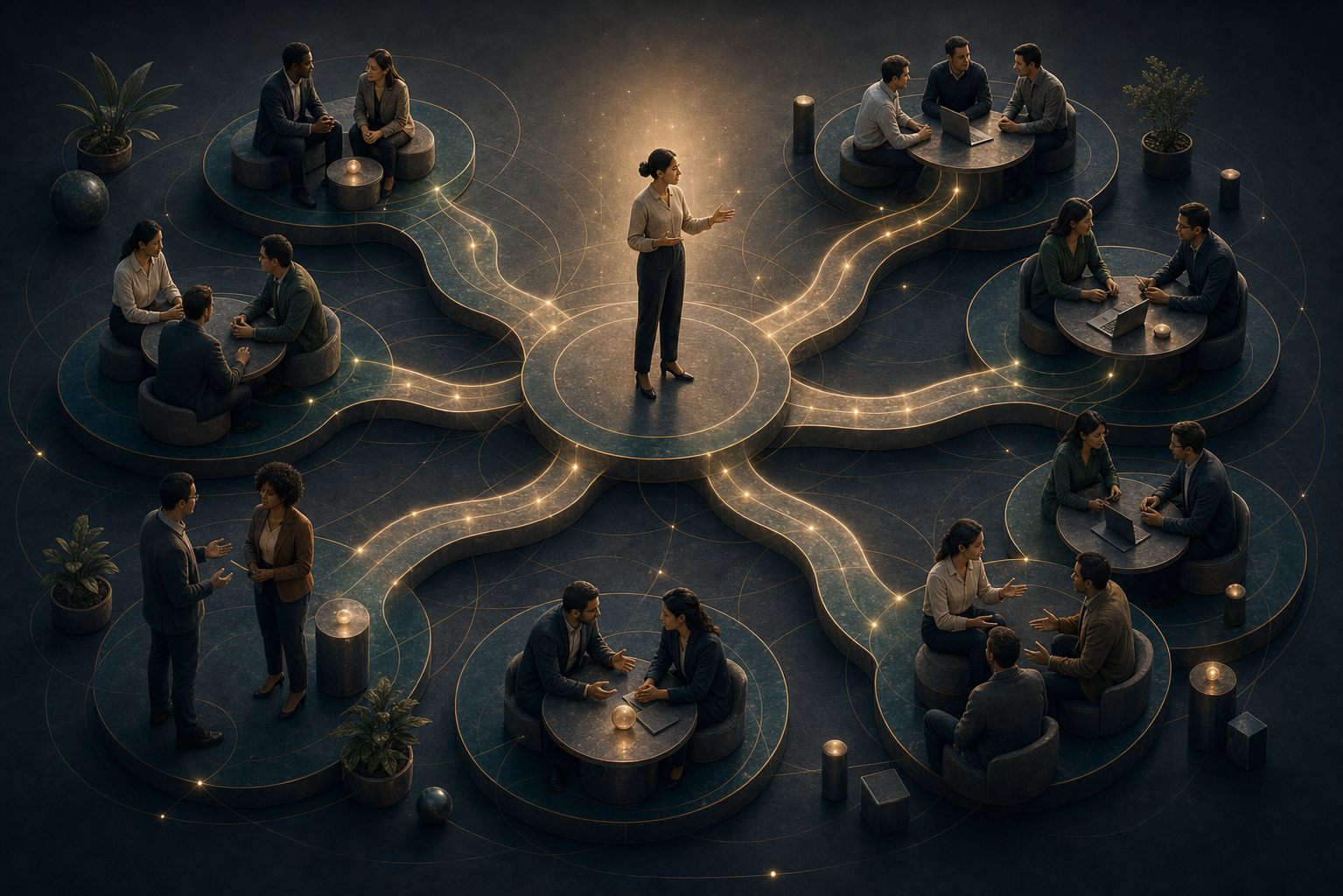 A person influencing peers through trust, credibility, and shared purpose across a flat network.