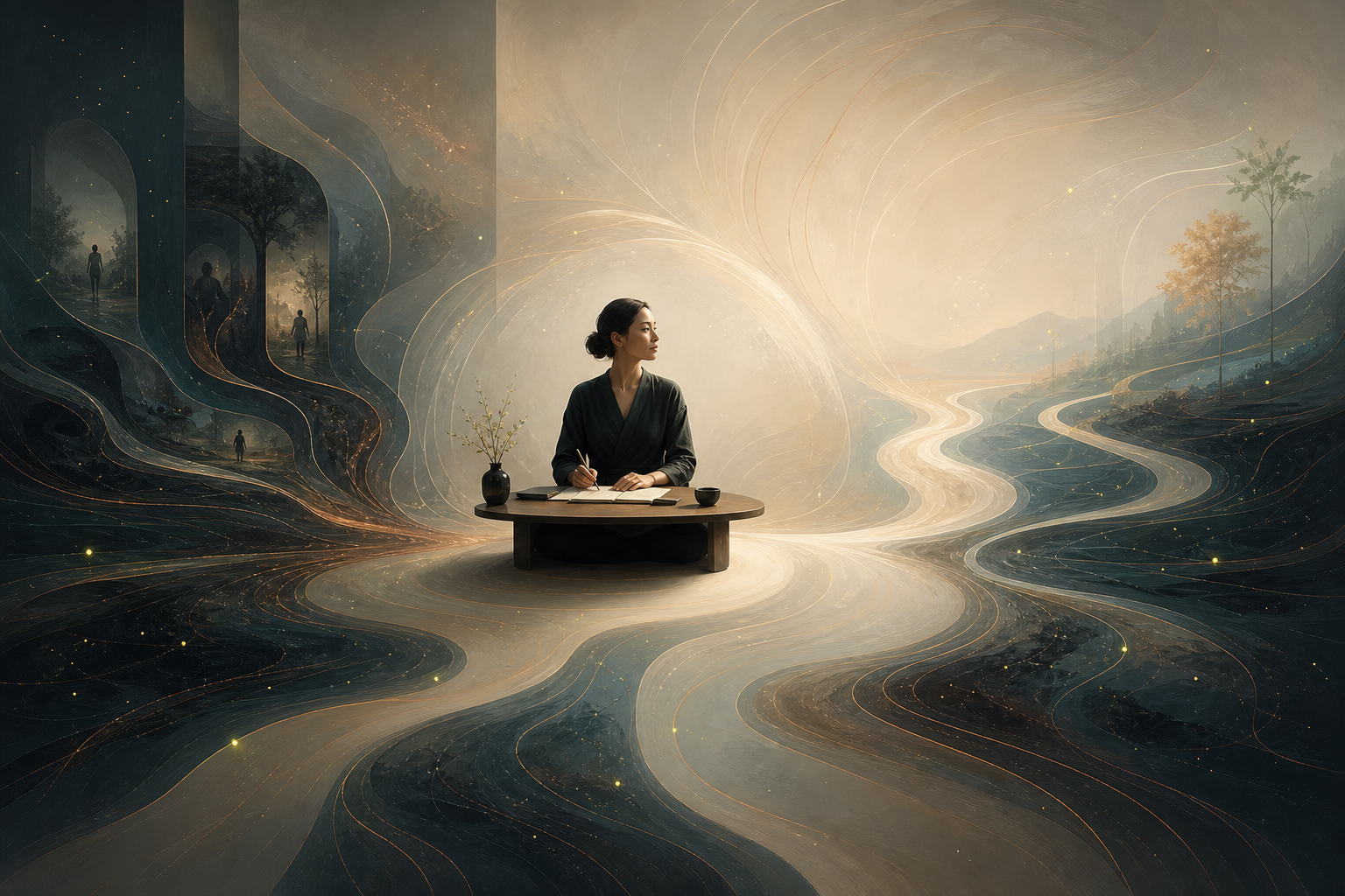 A calm present decision space surrounded by fading pathways representing past and future.