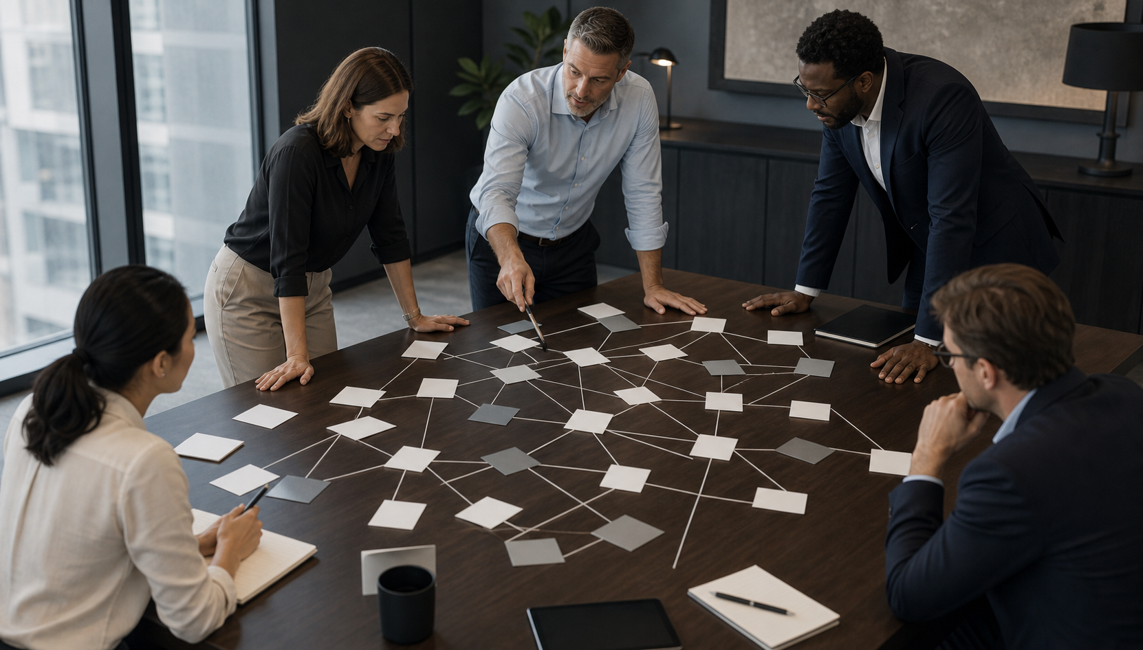 A sales team mapping stakeholders with unlabeled cards and connections for a complex sale.