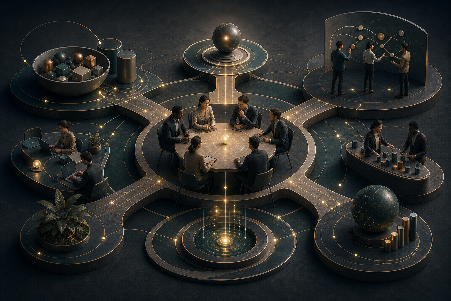 Connected priorities, team actions, and outcome signals forming a results-focused management system.