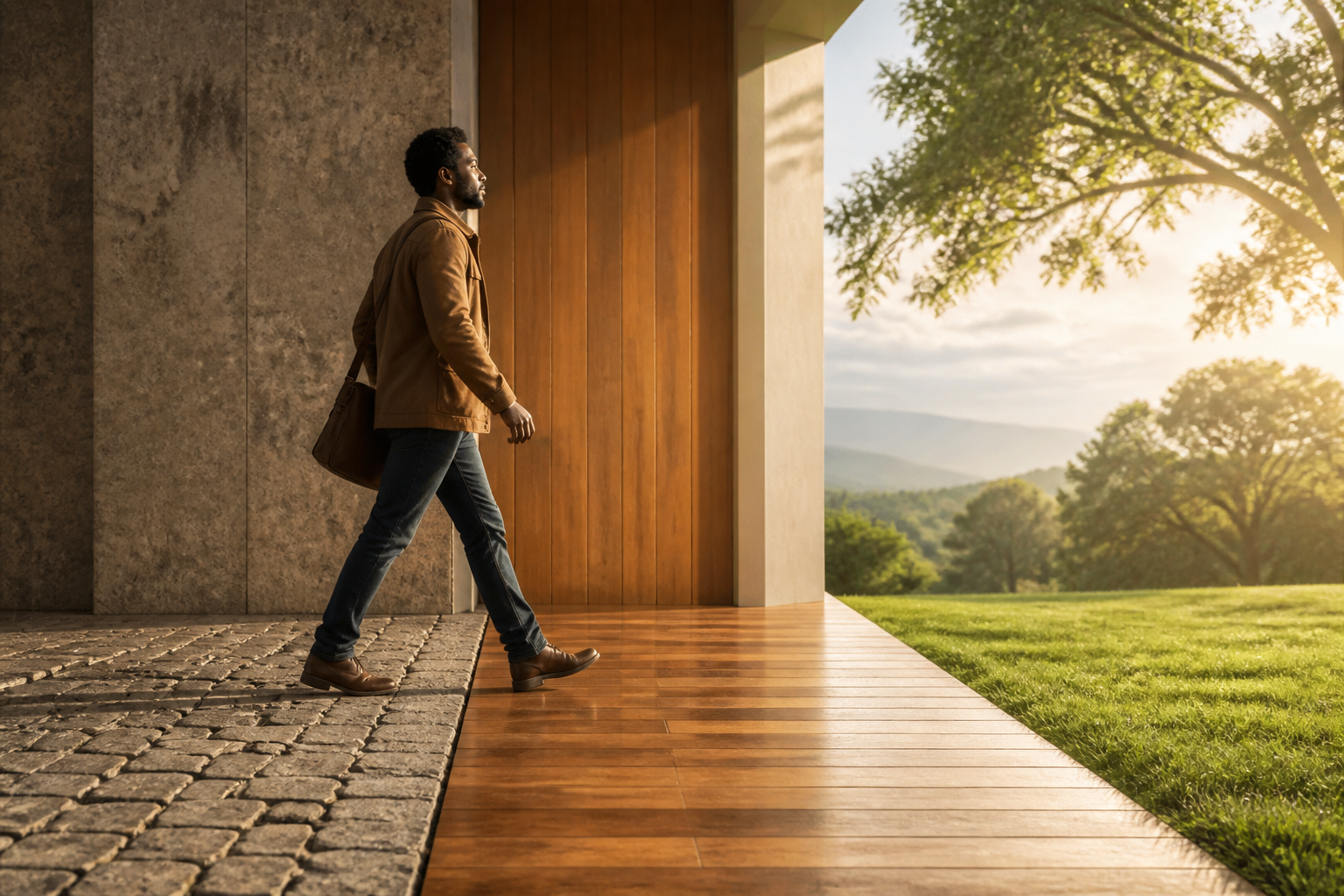 A person walking from rough stone to open greenery, symbolizing resilience through life changes.
