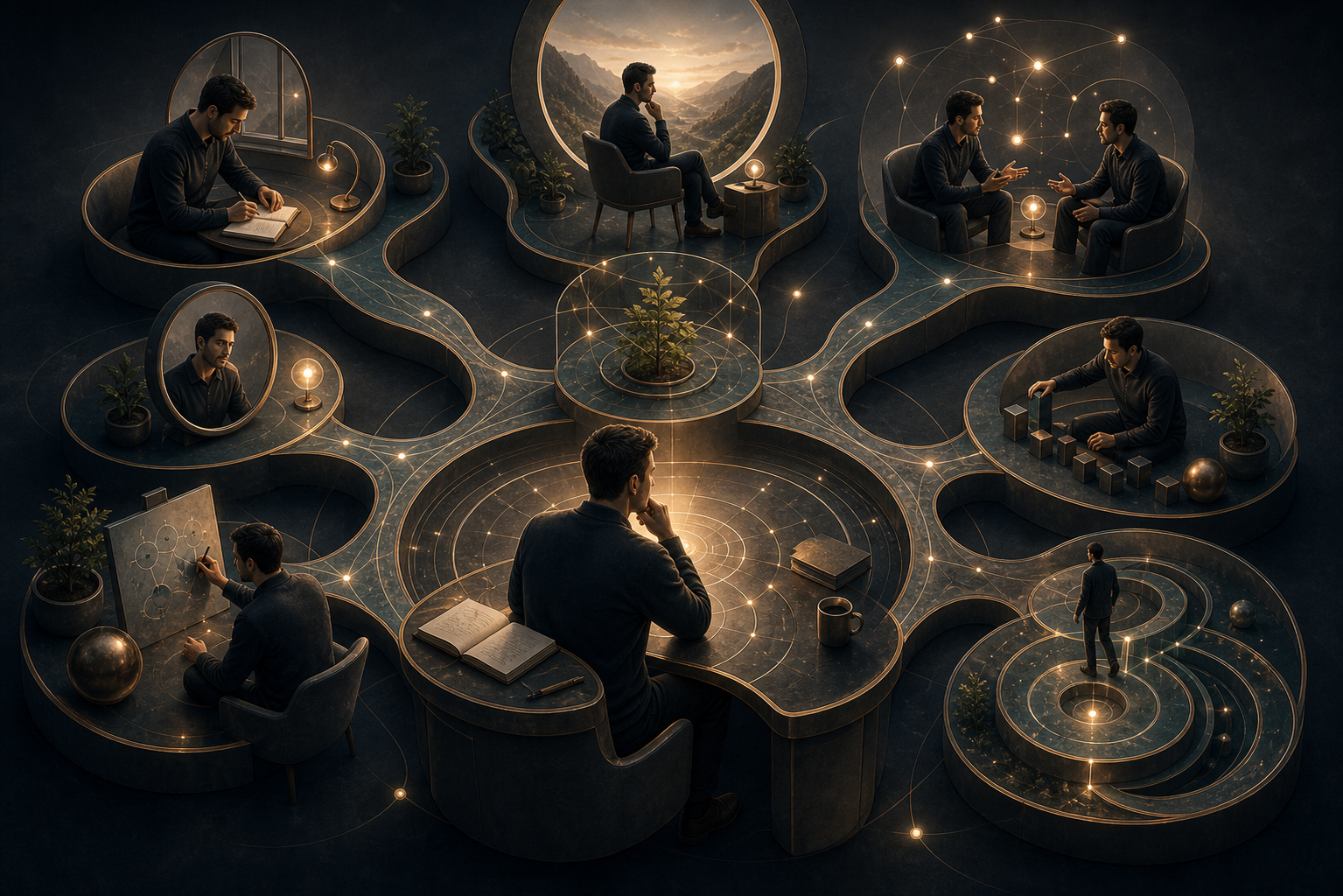 An entrepreneur using reflection, feedback loops, and self-guidance practices to build success.