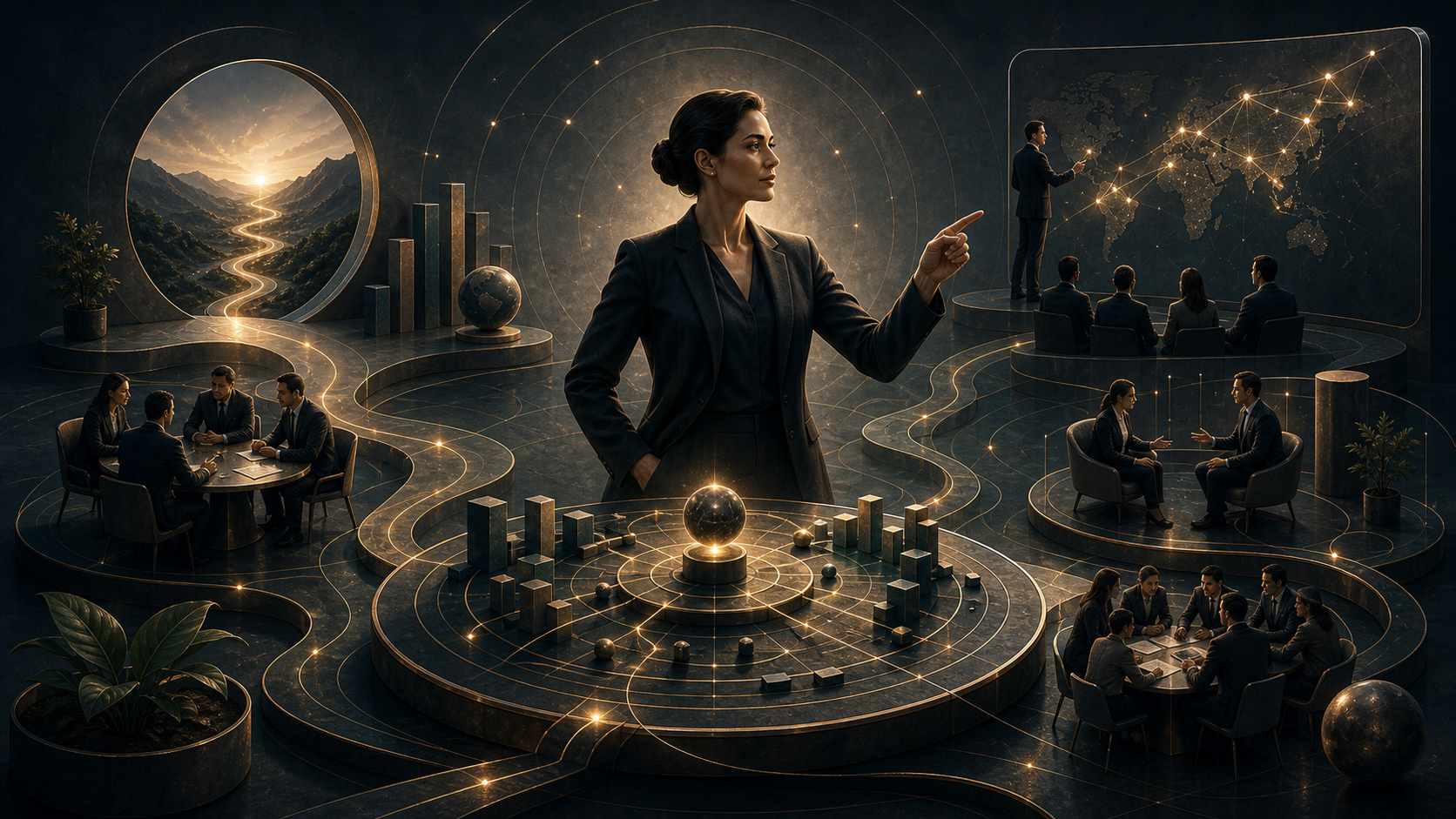 A decisive leadership profile represented through strategic vision, structured decisions, and team mobilization.