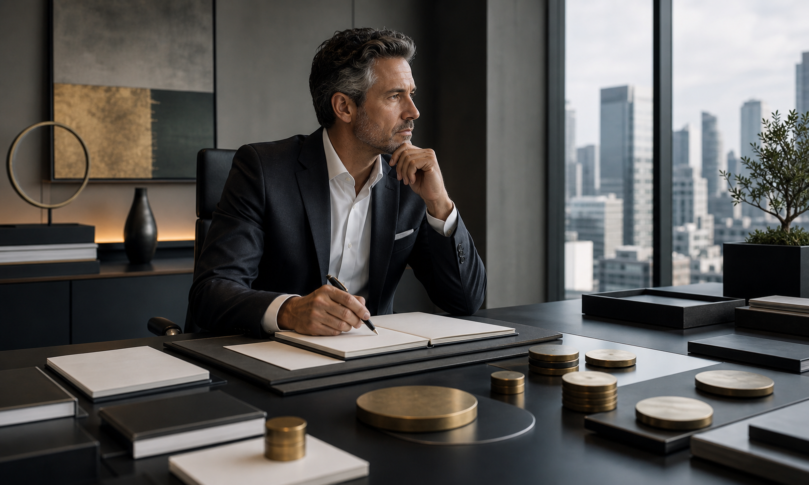 A leader weighing capital choices at a clean desk, showing the influence and responsibility of money.
