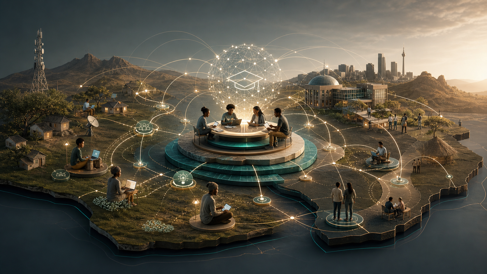 Connected learning pathways and digital education access signals across varied terrain.