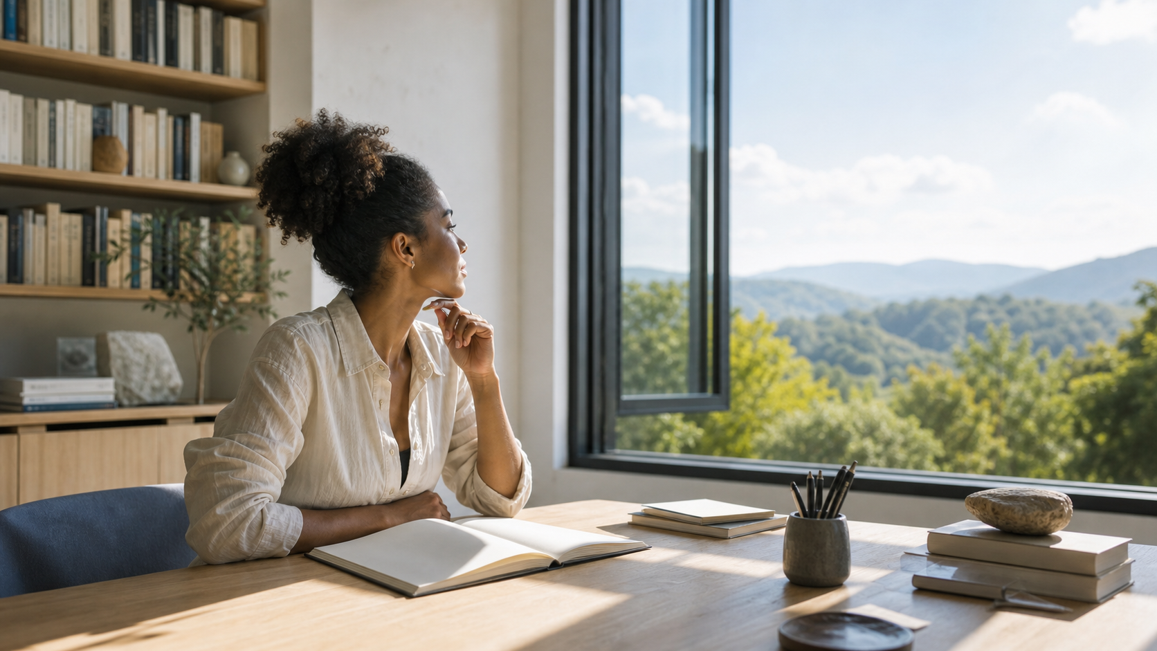 A person looking through an open window from a quiet study, symbolizing curiosity and an open mind.