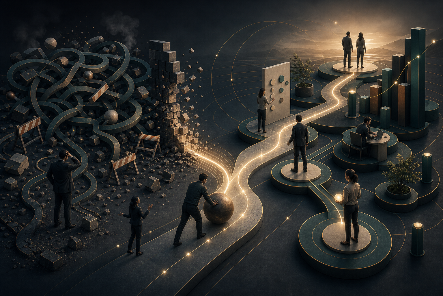 Blocked strategy pathways becoming clear operating steps and progress signals representing execution discipline.