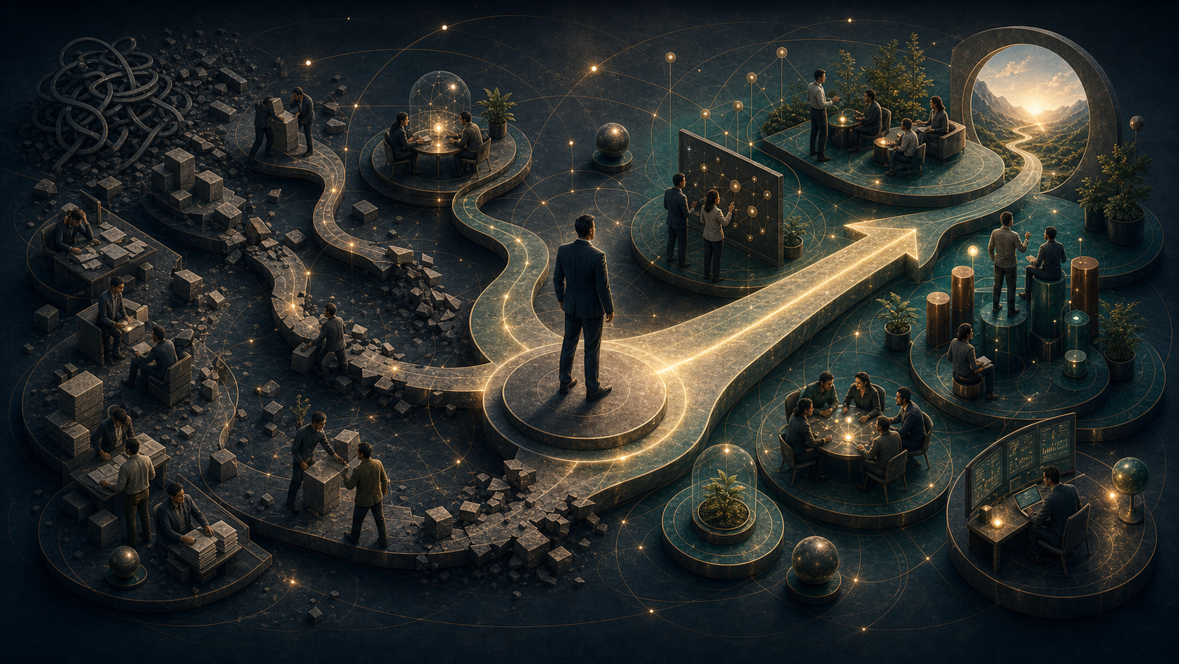 An organisation changing direction through a disciplined pivot from old pathways to new routes.