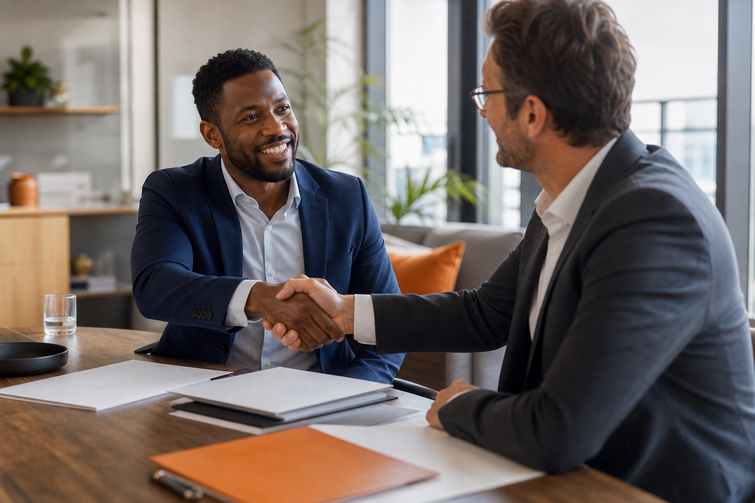 A confident professional handshake after a constructive sales conversation focused on customer value.